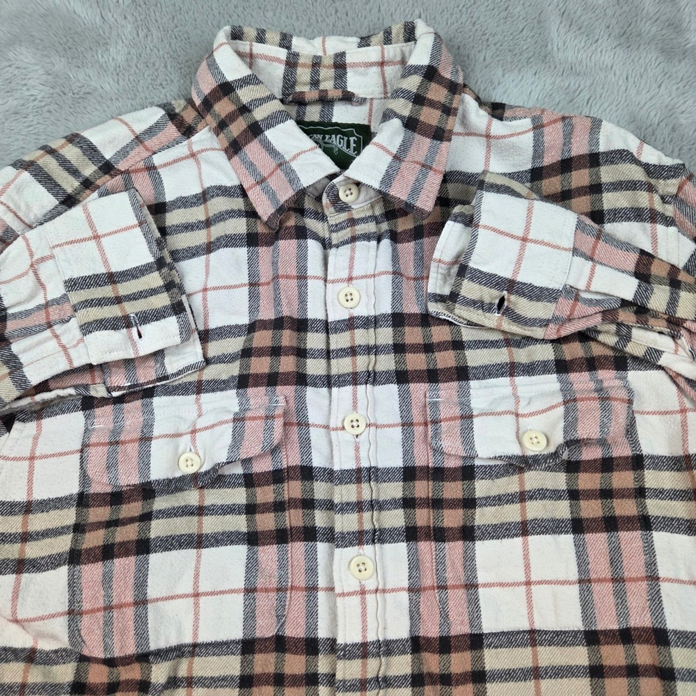 American Eagle Flannel Shirt Mens M Tall Plaid Button Down White 100% Cotton